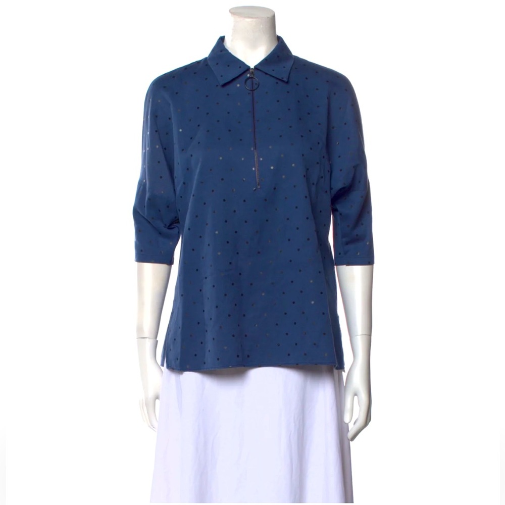AKRIS Punto ✨Polka Dot Print ✨3/4 Sleeve ✨Zip Up Front ✨Tunic Top✨Blue✨Size 12